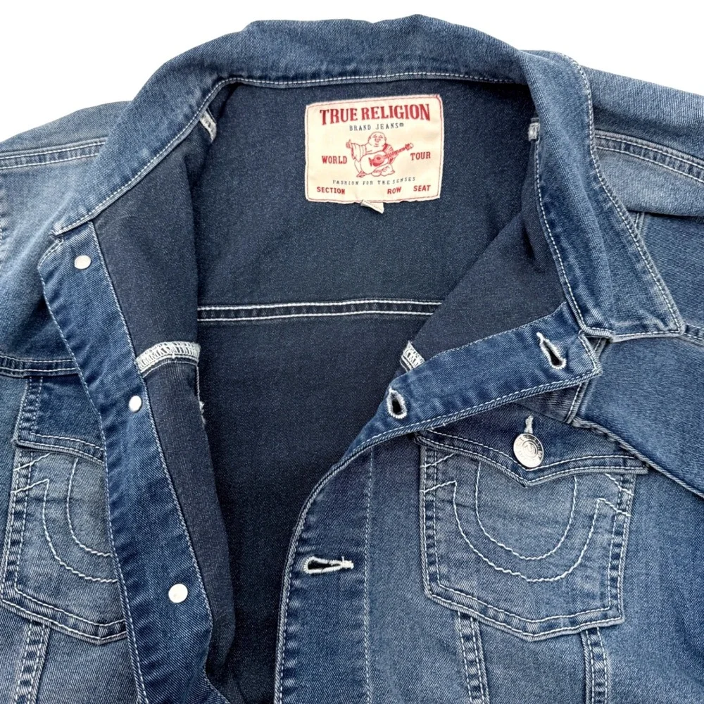 True Religion Denim Trucker Jacket Mens L Blue Excellent Stretch Horseshoe‎ Logo